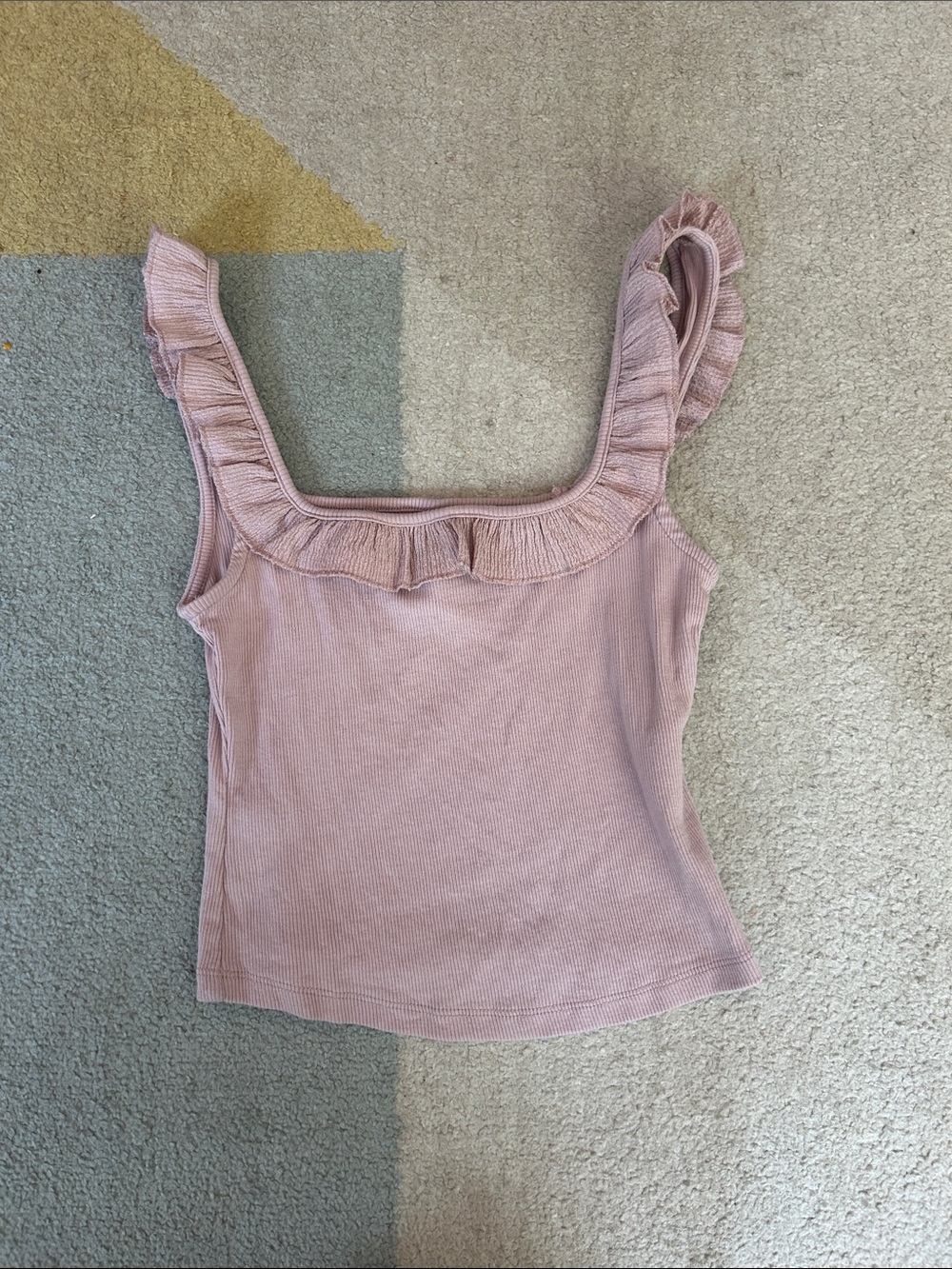 Divided Ribbed Ruffle-Trim Square Neck Cami in Dusty Rose